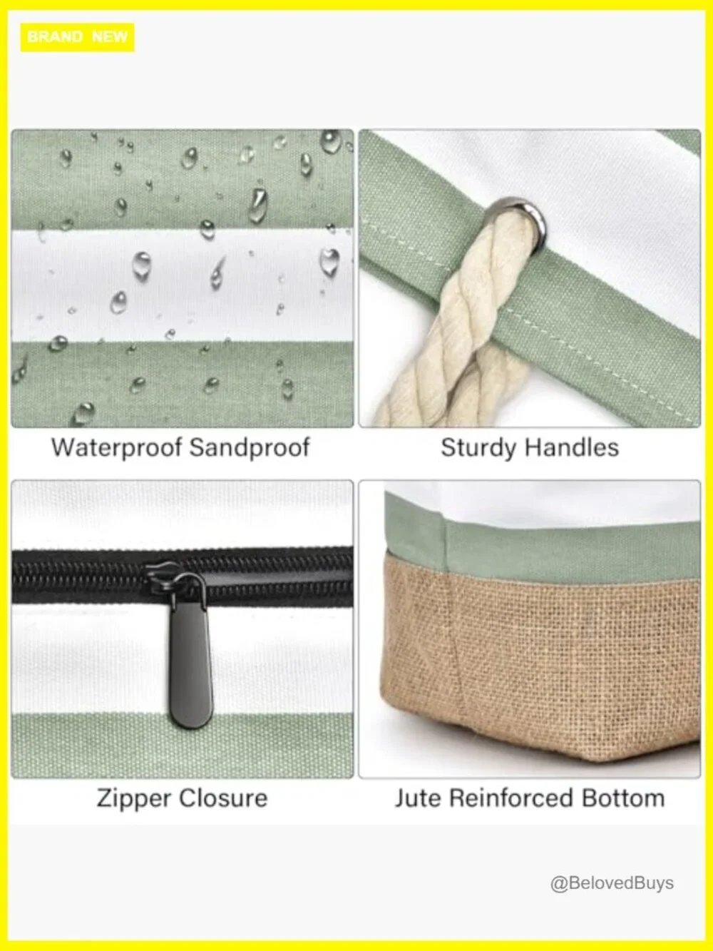 Large Canvas Beach Tote Bag Waterproof Sandproof Swim Pool Travel Essentials